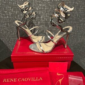 NIB Rene Caovilla Botticelli Montana Crystal Ankle Wrap Sandals Heels Silver 8
